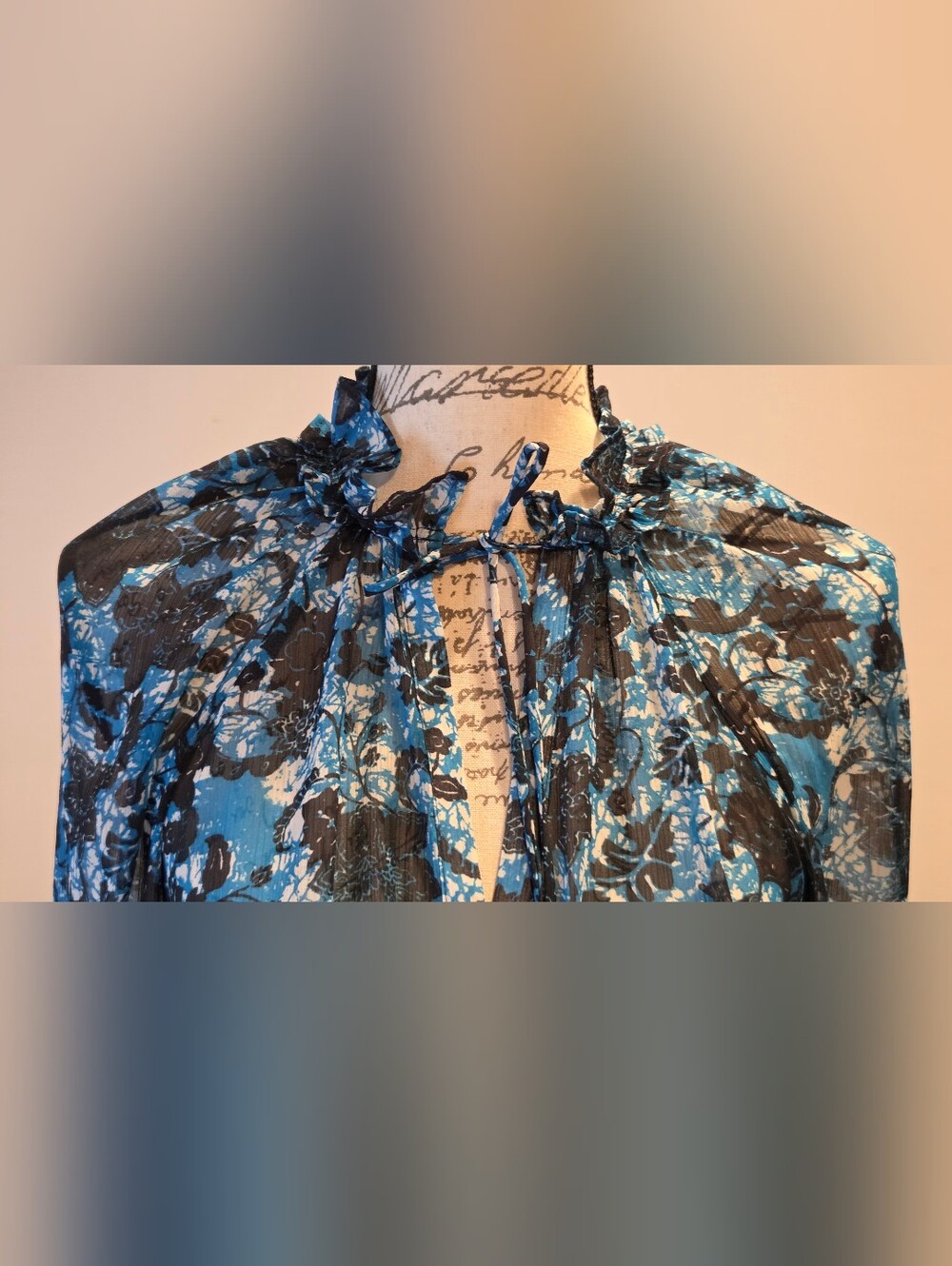 Anthropologie Blue Floral Tie-Neck Sheer Blouse, Size S. - Picture 8 of 15